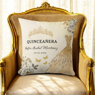 Floral Gold Princess Quinceanera Birthday Cushion