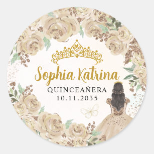 Floral Gold Princess Quinceanera Birthday Favour Classic Round Sticker