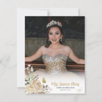 Floral Gold Princess Quinceanera Photo Thank You