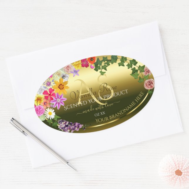 Floral Gold Product Packaging Labels with Monogram (Envelope)