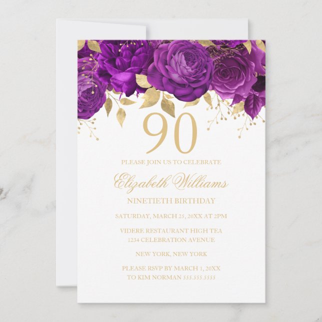 Floral Gold Purple Rose 90th Birthday Invitation (Front)