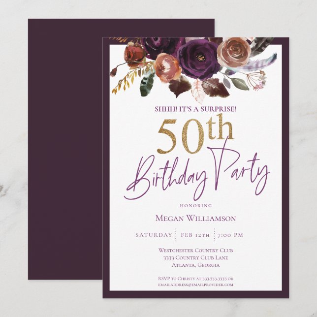Floral Gold Purple Surprise 50th Birthday Party Invitation (Front/Back)