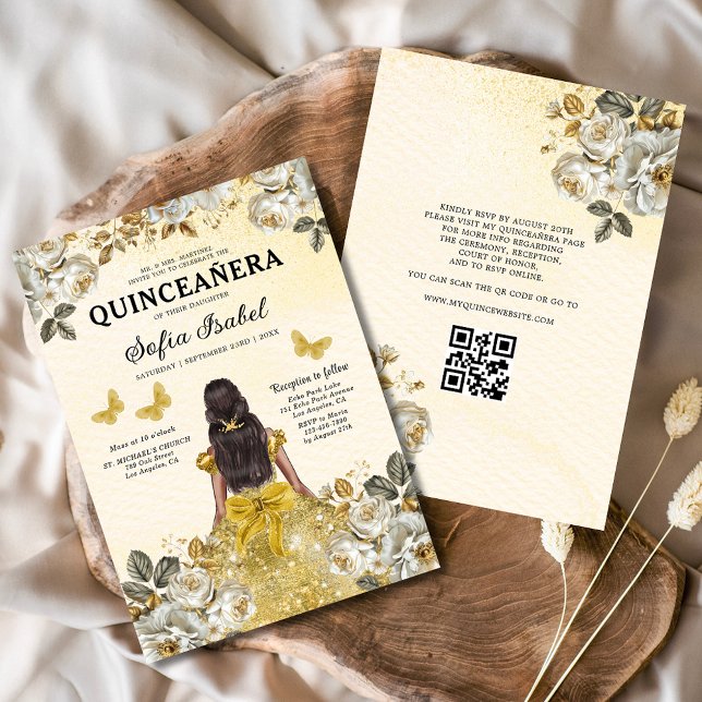 Floral Gold QR Code Princess Quinceanera Invitation (Creator Uploaded)