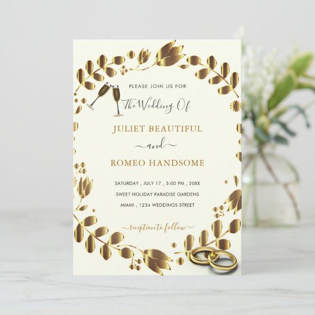 Floral Gold QR Code Wedding Invitation Template (Standing Front)