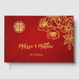 Floral Gold Red Chinese Wedding Guest Book