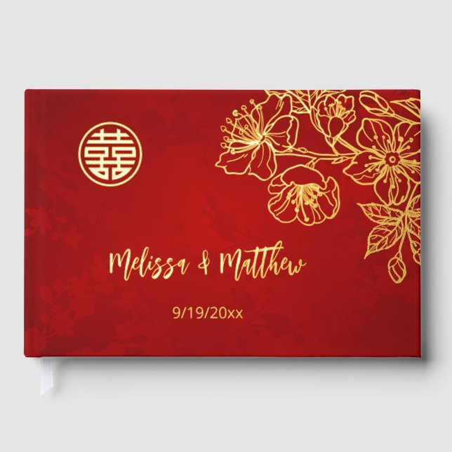 Floral Gold Red Chinese Wedding Guest Book (Front)