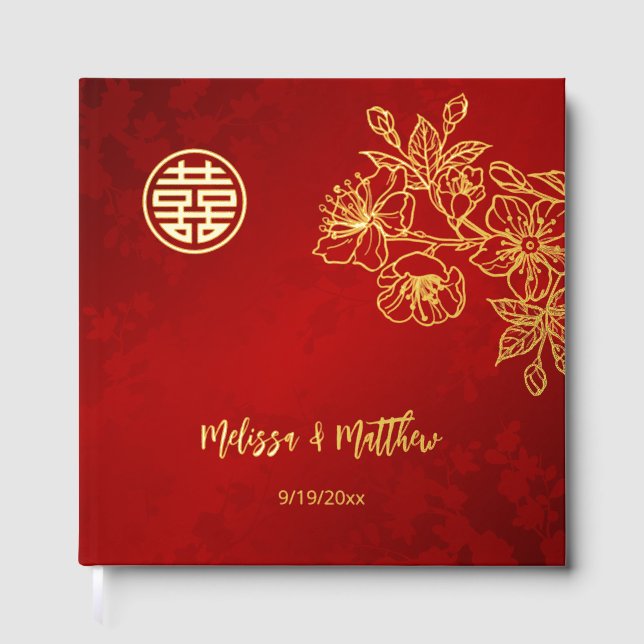 Floral Gold Red Chinese Wedding Guest Book (Front)