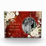 Floral Gold Red Cream Names Wedding Photo Block<br><div class="desc">Gorgeous white botanical floral spray on vintage scarlet red with faux gold splotches. The red antique watercolor rustic background is such a rich classy look mixed with the cream coloured flowers is lovely. Personalise with photo, names and wedding date. This is a lovely keepsake for the newlyweds. Beautiful faux gold...</div>