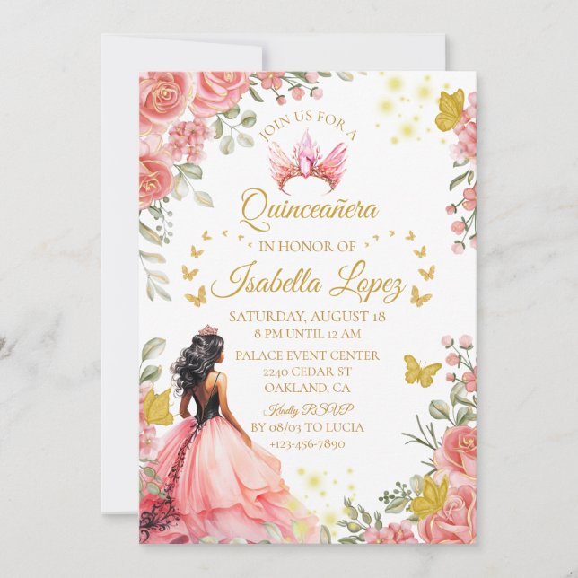 Floral Gold Rose Princess Quinceanera Birthday Invitation (Front)