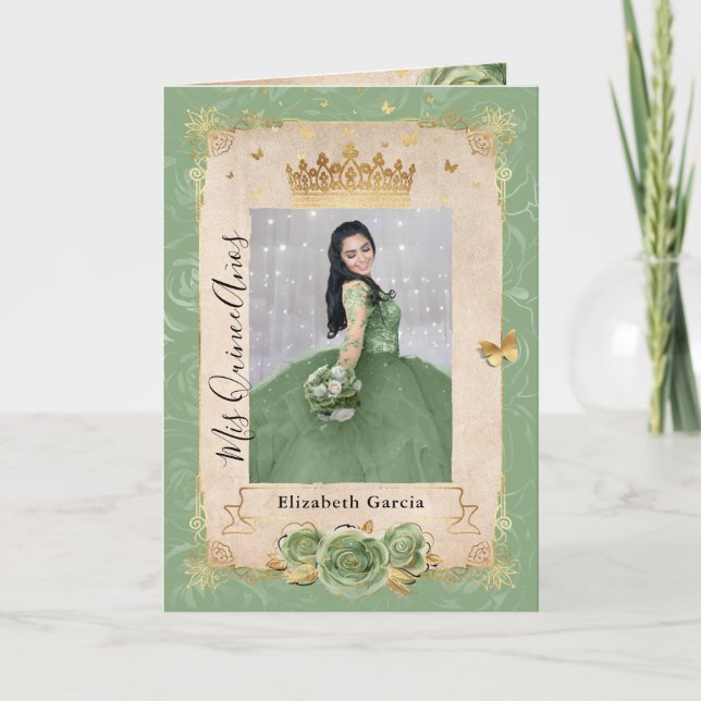 Floral Gold Sage Green Quinceañera Photo Folded Invitation (Front)