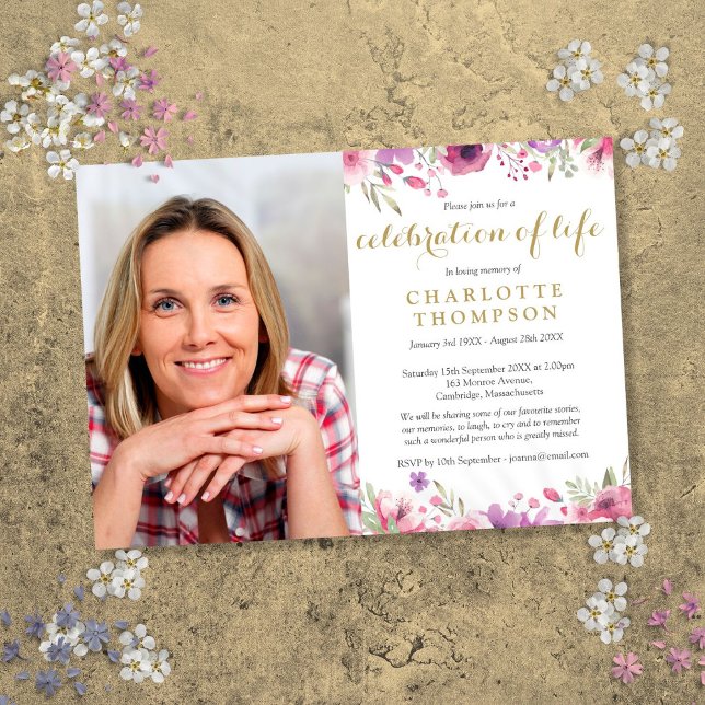 Floral Gold Script Celebration of Life Funeral Invitation (Floral Gold Script Celebration of Life Funeral Invitation)