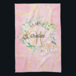 Floral Gold Script Monogram Pink Geode Agate Tea Towel<br><div class="desc">Pretty initial monogram kitchen towel,  featuring a beautiful script name with a complimenting gold initial that is framed by a delicate watercolor floral rose garland on a pink geode agate background. Personalise to create a special keepsake gift to treasure! Designed by Thisisnotme©</div>