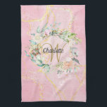 Floral Gold Script Monogram Pink Geode Agate Tea Towel<br><div class="desc">Pretty initial monogram kitchen towel,  featuring a beautiful script name with a complimenting gold initial that is framed by a delicate watercolor floral rose garland on a pink geode agate background. Personalise to create a special keepsake gift to treasure! Designed by Thisisnotme©</div>