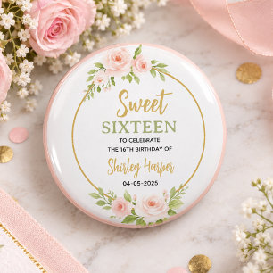 Floral Gold Script Sweet Sixteen Birthday  3 Cm Round Badge