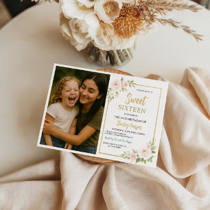 Floral Gold Script Sweet Sixteen Birthday  Invitation