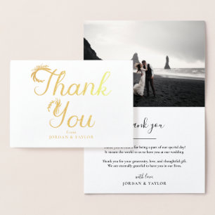 Floral Gold Script Wedding Thank You Photo Foil Card