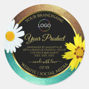 Floral Gold Teal Glitter Black Product Labels Logo