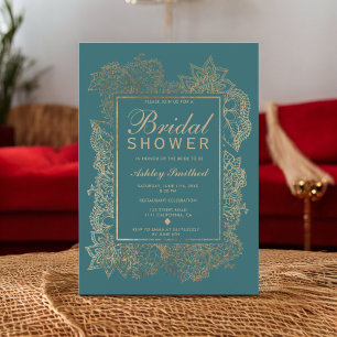 Floral gold teal green chic elegant bridal shower invitation