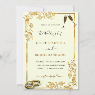 Floral Gold Wedding Invitation Rings and Champagne