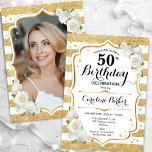 Floral Gold White Photo 50th Birthday Invitation<br><div class="desc">Elegant, floral, feminine 50th birthday invitation with your photo at the back of the card. Glam white design with faux glitter gold. Features stripes, roses, script font and confetti. Perfect for a stylish adult bday celebration party. Personalise with your own details. Can be customised for any age! Printed Zazzle invitations...</div>