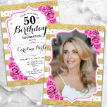 Floral Gold White Pink Photo 50th Birthday Invitation<br><div class="desc">Elegant, floral, feminine 50th birthday invitation with your photo at the back of the card. Glam white, pink design with faux glitter gold. Features stripes, baby pink roses, script font and confetti. Perfect for a stylish adult bday celebration party. Personalise with your own details. Can be customised for any age!...</div>