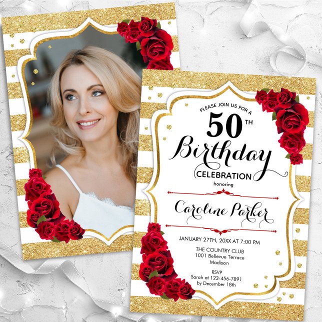 Floral Gold White Red Roses Photo 50th Birthday Invitation (Creator Uploaded)