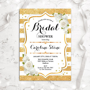 Floral Gold White Stripes Bridal Shower Invitation