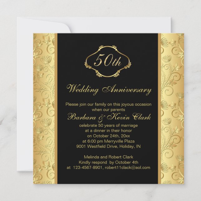 Floral golden black 50th Wedding Anniversary Invitation (Front)