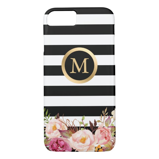 Floral Golden Circle Monogram Black White Striped Case-Mate iPhone Case (Back)