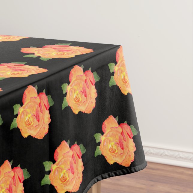 Floral Golden Orange Roses Pattern Tablecloth (In Situ)
