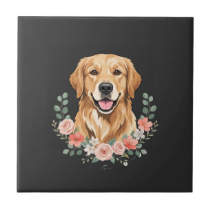 Floral Golden Retriever Dog Portrait Sublimation Tile
