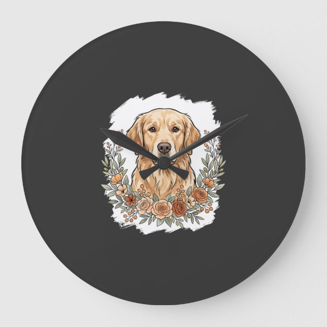 Floral Golden Retriever Sublimation Large Clock (Front)