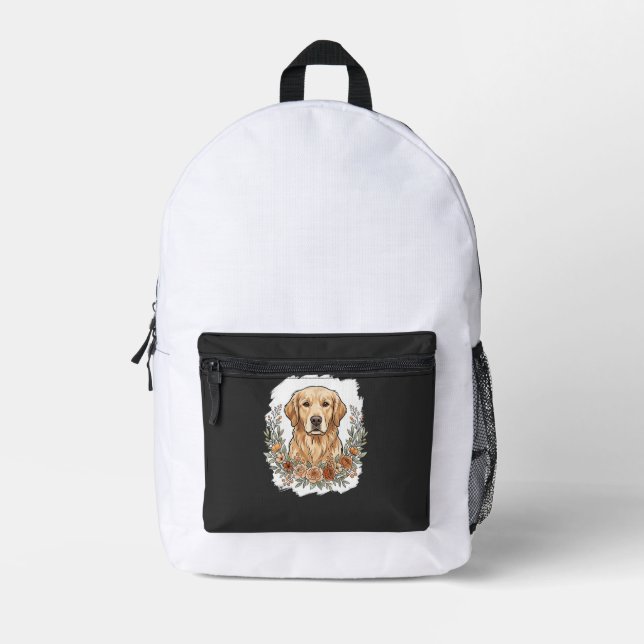 Floral Golden Retriever Sublimation Printed Backpack (Front)