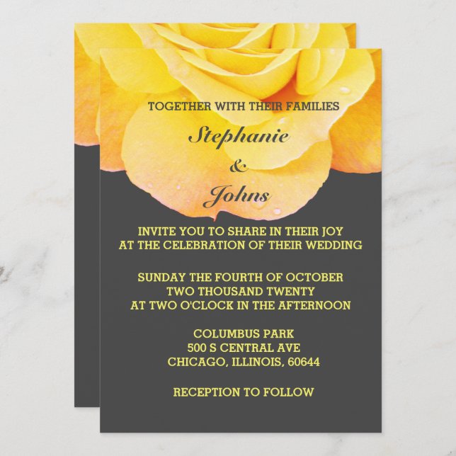 Floral Golden Yellow Orange Grey Grey Cute Wedding Invitation (Front/Back)