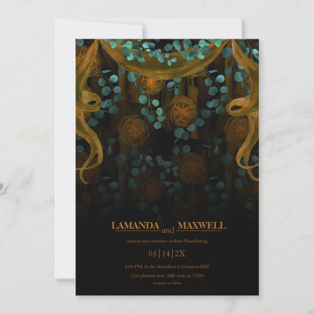 Floral Gothic Fall Wedding Orange Handfasting Invitation (Front)