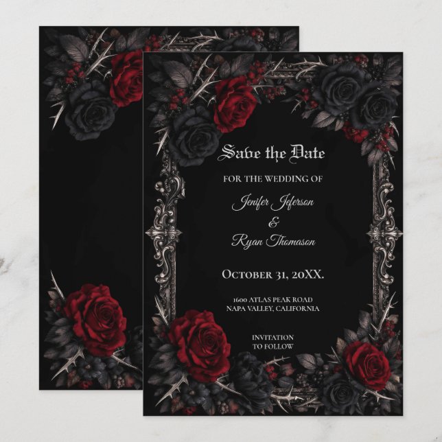 Floral Gothic Halloween Save the date invitation (Front/Back)