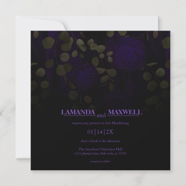 Floral Gothic Purple & Gold Leaves Handfasting Invitation (Front)