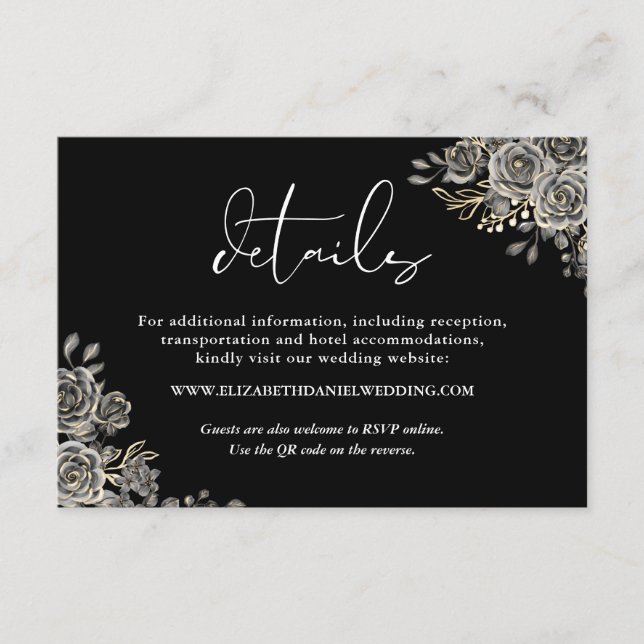 Floral Gothic QR Code Wedding Details Enclosure Card (Front)