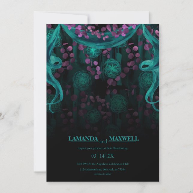 Floral Gothic Wedding Dark Turquoise Handfasting Invitation (Front)