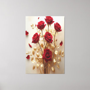 Floral Grace: Red Roses & Golden Leaves Design Canvas Print