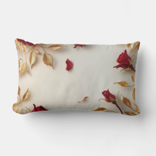 Floral Grace: Red Roses & Golden Leaves Design Lumbar Cushion