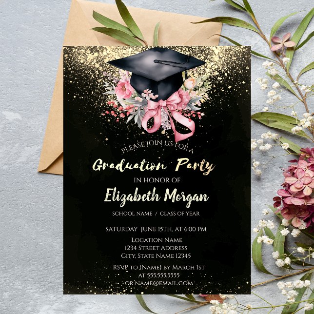 Floral Grad Cap, Bow Confetti Graduation Party Invitation (Creator Uploaded)