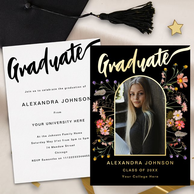 Floral Gradrate Photo Graduation Party Script Gold (Boho floral arch graduate photo stylish gold foil calligraphy black graduation party invitation )