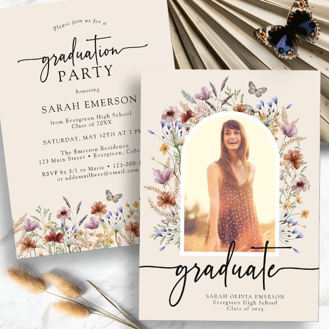 Floral Graduate Announcement (Floral Watercolor Boho Graduate Announcement with Butterfly by Painted Paperie
)