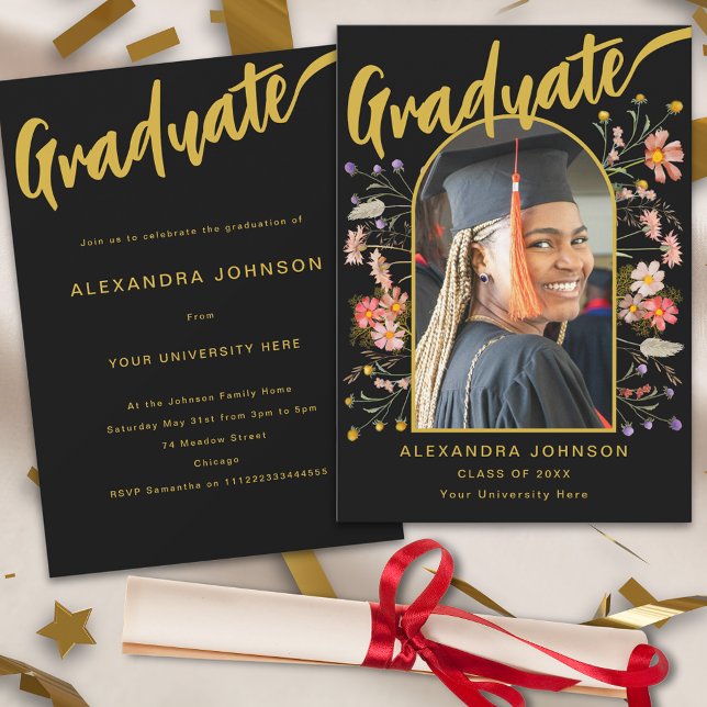 Floral Graduate Photo Black Gold Script Grad Party Invitation (Boho floral graduate photo arch black and gold script graduation party invitation)
