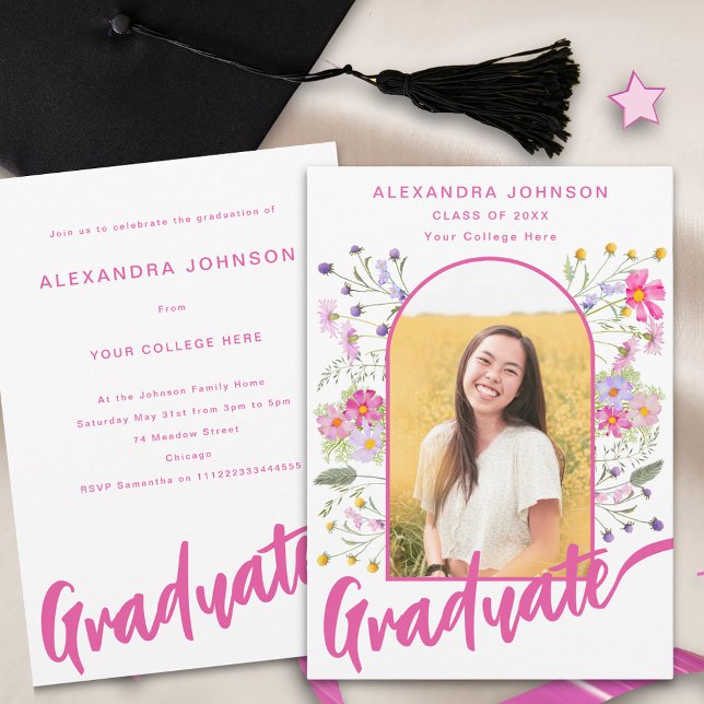 Floral Graduate Photo Pink Script Graduation Party Invitation (Boho floral arch graduate photo hot pink script Graduation party invitation)
