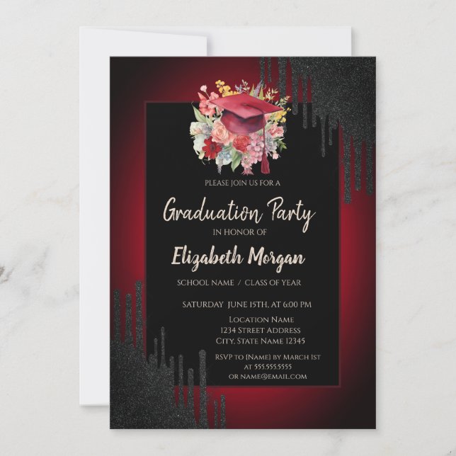 Floral Graduation Cap,Black Drips Dark Red  Invitation (Front)