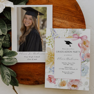 Floral Graduation Invitation with Photo Pink Bow