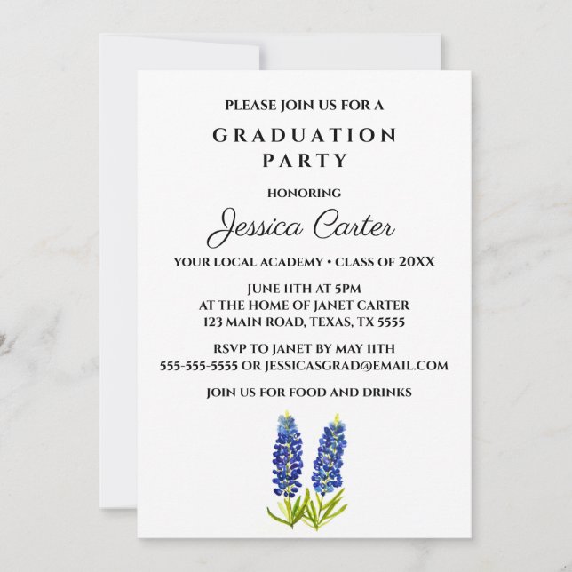 Floral Graduation Party Typography Bluebonnets  Invitation (Front)