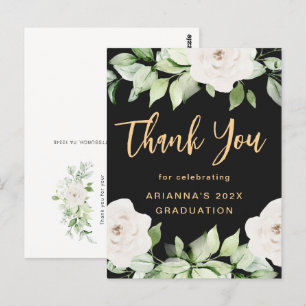 Floral Graduation Thank You Script Black Postcard